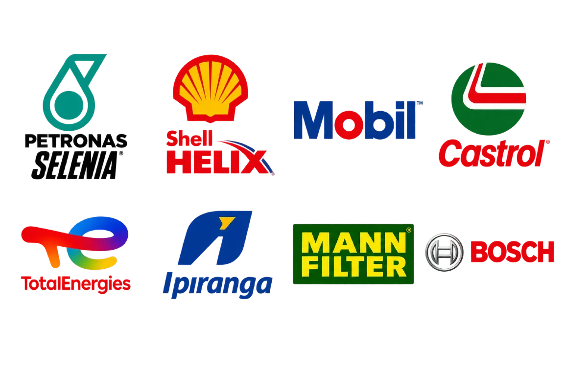 Logomarcas das marcas de óleo e peças: Petronas Selenia, Shell Helix, Mobil, Castrol, TotalEnergies, Ipiranga, Mann Filter e Bosch